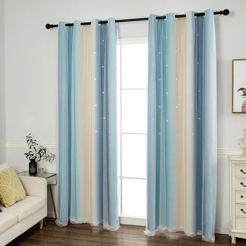 Miniatura 2 de vctops Cortinas opacas con diseño de rayas degradadas para ventana, de doble capa, de tul, cortinas recortadas con estrellas para dormitorio de Azul