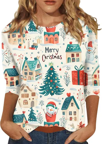 Miniatura 103 de Camisetas de manga 3/4 para mujer, cuello redondo, holgadas, casuales, con estampado floral, camisetas de moda para el trabajo de negocios