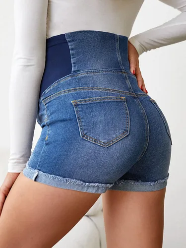 Miniatura 2 de Verdusa Pantalones cortos de mezclilla de maternidad para mujer, cintura alta, rasgados, dobladillo sin procesar, pantalones cortos de embarazo