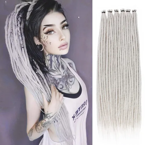 Miniatura 22 de Leeven Extensiones de rastas grises de 40 hebras de 18 pulgadas con terminación única hechas a mano, extensiones de rastas suaves de 0.6 cm
