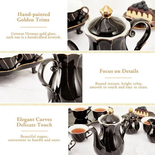 Miniatura 4 de DUJUST Tetera de porcelana estilo británico (40 onzas), tetera de cerámica de lujo con borde dorado, tetera de grado alimenticio con filtro