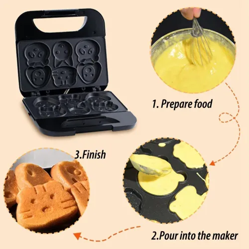 Miniatura 5 de Animal Mini WaffleMaker 6 Tortitas en forma de animal Máquina de desayuno antiadherente Waffler Iron Hogar para niños Adultos Regalo divertido US