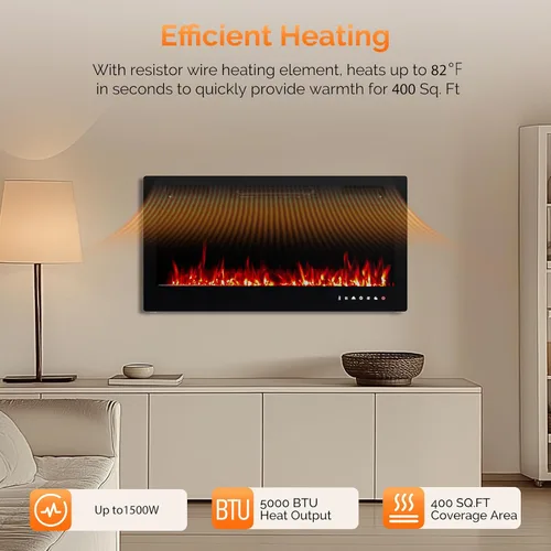 Miniatura 2 de ROVSUN Chimenea eléctrica de 36 pulgadas, 2 en 1 ultrafina montada en la pared y empotrada con control remoto y aplicación, calentador de pared