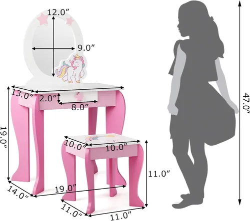Miniatura 5 de Costzon Juego de tocador para niños con espejo, mesa de maquillaje y vestidor de princesa de madera 2 en 1 con parte superior desmontable, tocador