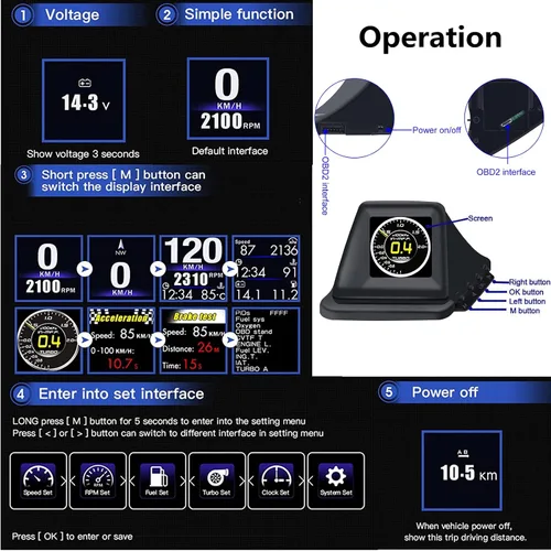 Miniatura 4 de Geloo Pantalla frontal HUD para automóvil, pantalla HUD OBD2 con OBDII GPS Dual System OBD2 Velocímetro Medidor 8 modos Multifunción Medidor