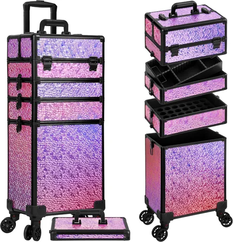 Miniatura 14 de Estuche Profesional de Maquillaje Enrollable con Tapa, Estuche de Cosmetología 5 en 1 con Ruedas, Organizador de Equipaje Cosmético Grande