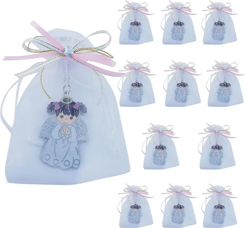 Miniatura 4 de Llavero de bautismo de primera comunión (12 piezas) Ángel niña con bolsas decoradas de organza/Recuerdos para Primera Comunión BAUTIZO Niña