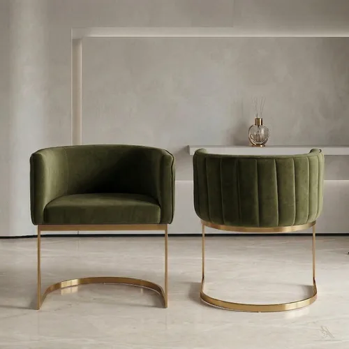 Miniatura 18 de Hyfirm Juego de 2 sillas de comedor de barril beige y dorado, modernas sillas tapizadas de terciopelo con respaldo curvado para isla de cocina