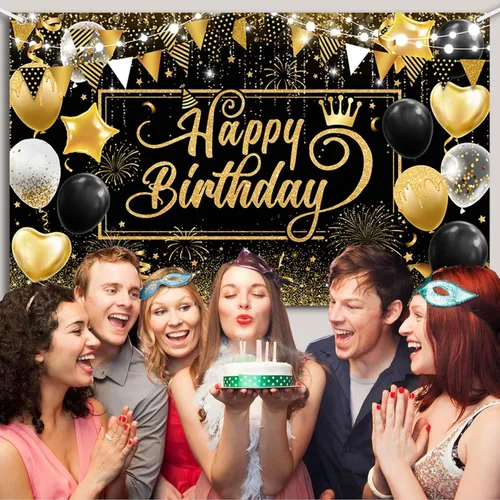 Miniatura 3 de AIBIIN Telón de fondo de feliz cumpleaños para hombre, fondo de fotografía dorado, globos negros, decoraciones de fiesta de cumpleaños, pancarta