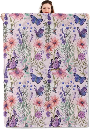 Miniatura 13 de Manta ligera de pájaros y mariposas, regalos para amantes de la naturaleza, manta de franela con rosa colorida y hortensias impresas para sofá