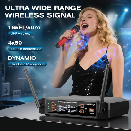 Miniatura 3 de Depusheng Micrófono inalámbrico, sistema profesional de mano de karaoke de 4 canales para karaoke en casa, reuniones, fiestas, iglesia, DJ, boda