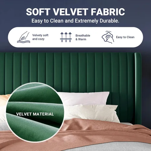 Miniatura 6 de Allewie Marco de cama de tamaño matrimonial/plataforma tapizada de terciopelo, cabecero con alas capitoné de canal vertical/listones de madera Verde