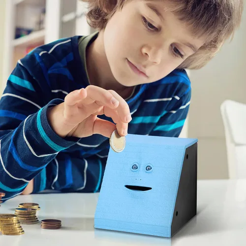 Miniatura 5 de Banco de ahorro para comer monedas, con pilas, caja de ahorro de dinero para niños de 3 años en adelante, para niños, niñas, adultos, Navidad, Azul
