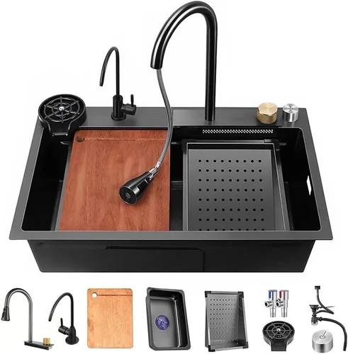 Fregadero de cocina negro con cascada, fregadero de barra de acero inoxidable de un solo cuenco con lavavasos, fregadero de cocina de estación de