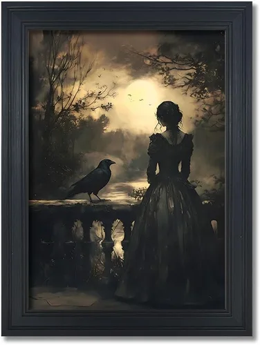 Arte de pared enmarcado romántico, gótico, crepúsculo, balcón, mujer y cuervo, póster victoriano de academia oscura, decoración del hogar, 8 x 10