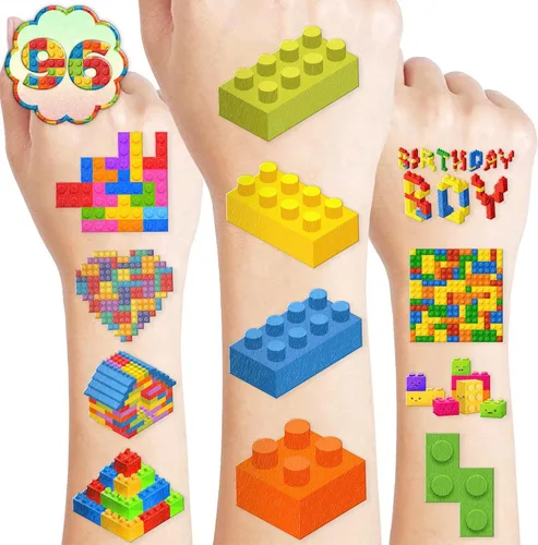 96 tatuajes temporales precortados de bloques de construcción, bonitos recuerdos de fiesta para niños, niños y niñas, suministros para fiestas de