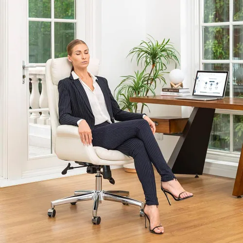 Miniatura 8 de Glitzhome Silla ejecutiva moderna de oficina para el hogar con respaldo alto - Silla de escritorio giratoria ajustable de cuero con apoyabrazos Crema