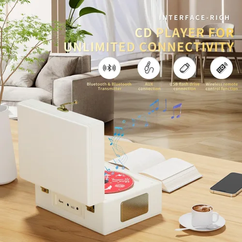 Miniatura 2 de Yintiny Reproductor de CD de cuero recargable con altavoces, transmisor Bluetooth, regalo de festival, reproductor BGM para decoración del hogar