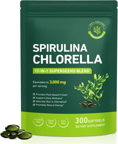 Cápsulas blandas de Spirulina Chlorella | Mezcla Super Greens con hierba de cebada, col rizada y clorofila | Equivalente a 3,000 mg por porción |