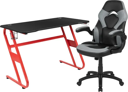 Miniatura 26 de Flash Furniture Juego de escritorio para juegos negro y silla de carreras blanco/negro con soporte para tazas, gancho para auriculares y soporte