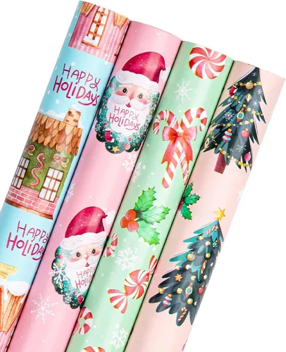 Miniatura 12 de WRAPAHOLIC Rollo de papel de regalo de Navidad de 30 pulgadas - Rollo jumbo rojo, verde y rosa de gnomo de Navidad y elfo festivo, colección de 4