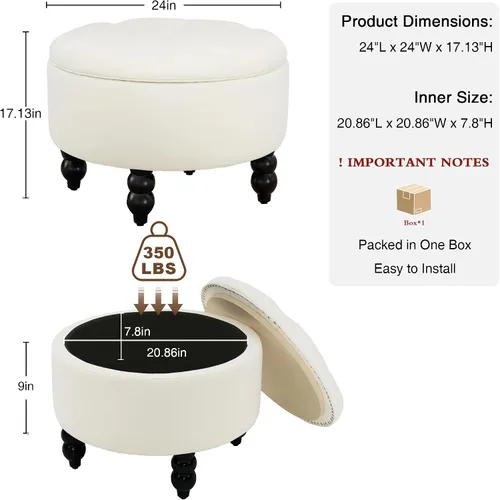 Miniatura 2 de Otomana redonda de tela de 24 pulgadas con almacenamiento, moderna mesa de centro otomana tapizada con botones capitoné con tapa de bandeja