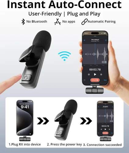 Miniatura 7 de Micrófono Lavalier inalámbrico para iPhone, Android, iPad, tabletas, mini micrófono Bluetooth con cancelación de ruido, transmisión de 65 pies