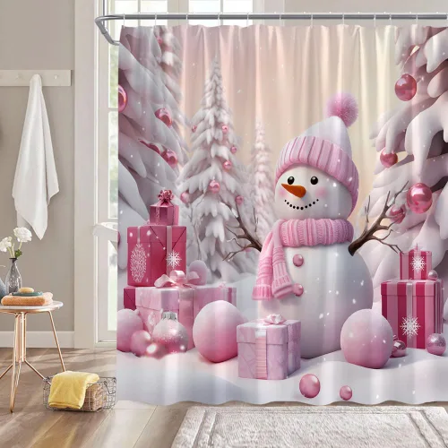 Cortina de ducha con diseño de muñeco de nieve de Navidad, caja de regalo de bola de Navidad, bosque de pinos, vintage, invierno, vacaciones, juego