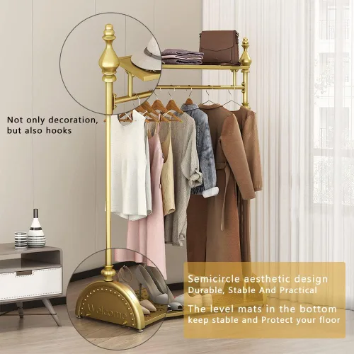 Miniatura 2 de Perchero de Ropa Dorado, Perchero de Ropa Industrial para Colgar Ropa con Estantes Dobles Independiente Multifuncional de Servicio Pesado Perchero