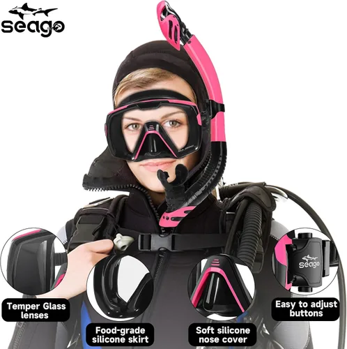 Miniatura 2 de Seago Juego de máscara de buceo de buceo en seco, vista amplia de 180⁰, a prueba de fugas, antivaho, ajuste cómodo para adultos