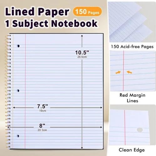 Miniatura 5 de Cuaderno de espiral de papel rayado universitario de 8 x 10-1/2 pulgadas, cuaderno espiral de 1 materia de papel de 80 GSM, páginas perforadas