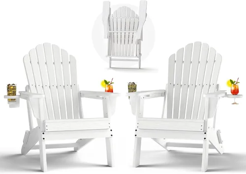 Miniatura 23 de Plawdlik Juego de 2 sillas plegables Adirondack de HDPE, sillas de patio al aire libre resistentes con soportes dobles para tazas, silla para Negro