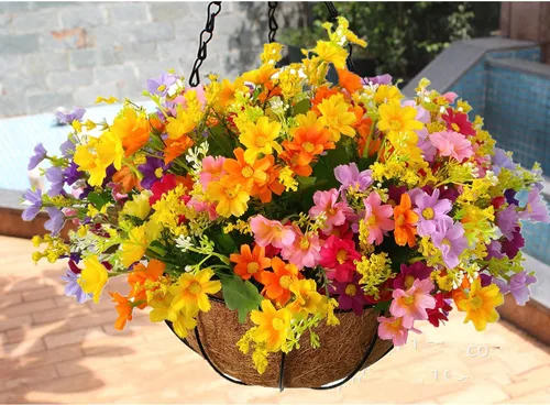 Miniatura 2 de Flo Daisy Flower - Planta colgante artificial para el hogar, balcón, decoración interior y exterior, cesta colgante de flores falsas con maceta