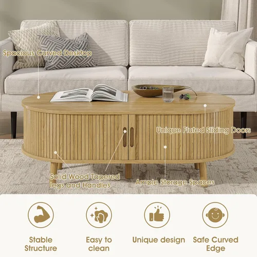 Miniatura 4 de Alohappy Mesa auxiliar ovalada de 42.5 pulgadas de ancho, mesa de centro moderna de mediados de siglo con puerta corrediza de tambor, mesa central