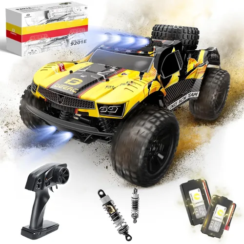 DEERC 9201E 1:10 Camión a control remoto grande con luces, automóvil RC de curso corto rápido, vehículo eléctrico todoterreno de juguete de grado