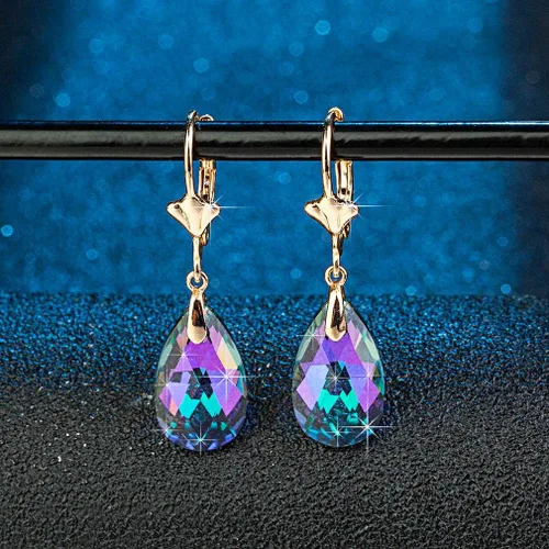 Miniatura 3 de Aretes con dijes con forma de lágrima de cristal austriaco, para mujer, cierre catalán, chapados en oro de 14 quilates joyas hipoalergénicas