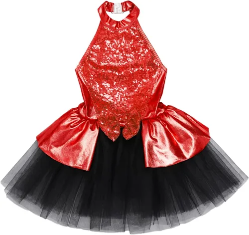 Miniatura 30 de CHICTRY Vestido tutú de ballet con lentejuelas brillantes para niñas y niñas, moderno disfraz de baile latino de jazz