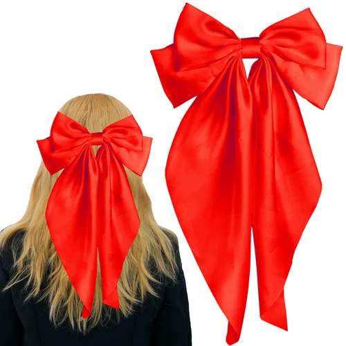 Pufandor - Lazo para el cabello de satén sedoso para mujeres, lazos rojos para niñas, pasadores de lazo, cola larga con clips, lazos grandes para el