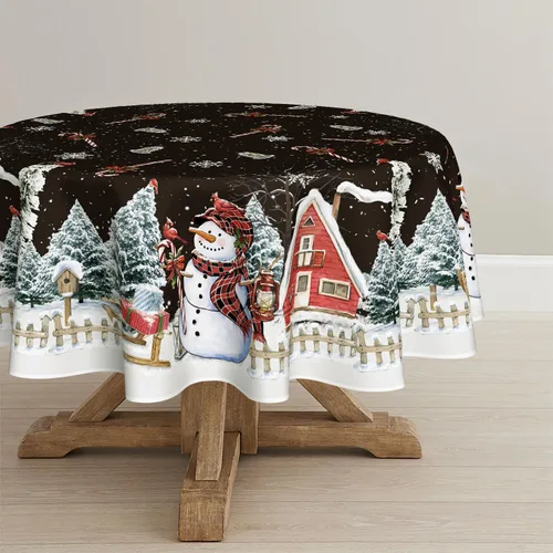 Miniatura 7 de Horaldaily Mantel de Navidad rectangular de 52 x 70 pulgadas, casa de muñeco de nieve de invierno, árboles de Navidad, color negro, lavable