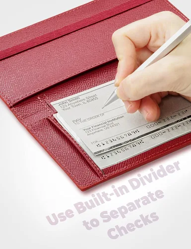 Miniatura 115 de Yarnic Funda para chequera personal, soporte para chequera con soporte para bolígrafo y divisor de plástico transparente integrado para cheques Rosa