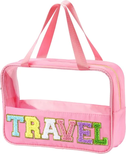 Miniatura 18 de BuyCard Bolsas de Viaje Transparentes con Parche de Letra de Chenilla, Bolsa de Maquillaje Preppy de PVC y Nylon con Asa y Cremallera, Bolsa