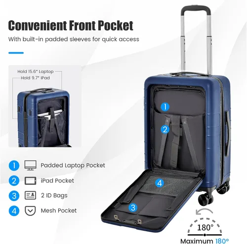 Miniatura 4 de Goplus Equipaje de mano, maleta rígida de policarbonato de 20 pulgadas con bolsillo frontal, mesa plegable, puerto de carga USB, doble bloqueo TSA