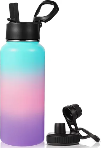Miniatura 23 de Neihepal Botella de agua aislada de 32 onzas con 2 tapas (tapa con pajilla y boquilla), botellas de agua de doble pared de acero inoxidable 18/8