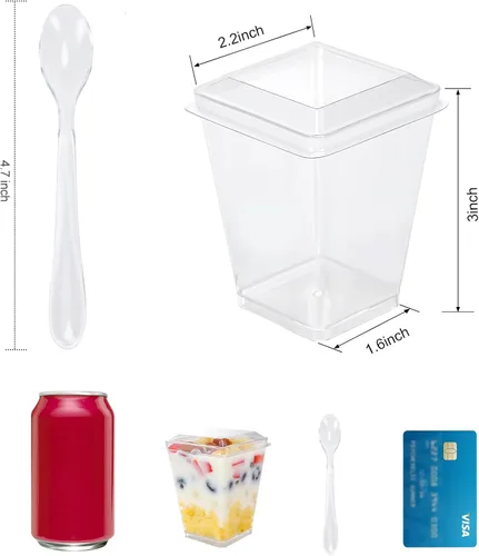 Miniatura 2 de Paquete de 100 Vasos de Postre de Plástico de 5 oz con Tapas y Cucharas, Vasos de Parfait de Yogur y Aperitivos para Fiestas, Mini Vasos de Postre