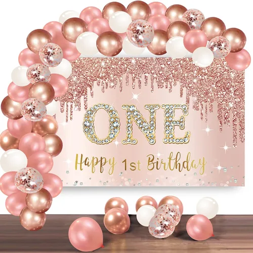Miniatura 13 de Cartel de feliz cumpleaños número 10 con arco de guirnalda de globos de confeti, juego de globos de oro rosa para niñas, póster rosa de cumpleaños