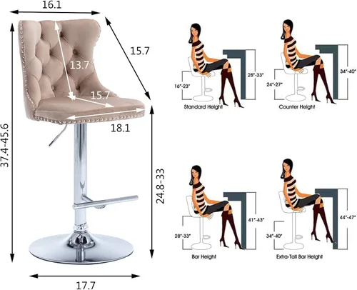 Miniatura 47 de Aoowow Juego de 2 taburetes de bar giratorios, taburetes de bar ajustables con respaldo de terciopelo copetudo, sillas de bar modernas tapizadas