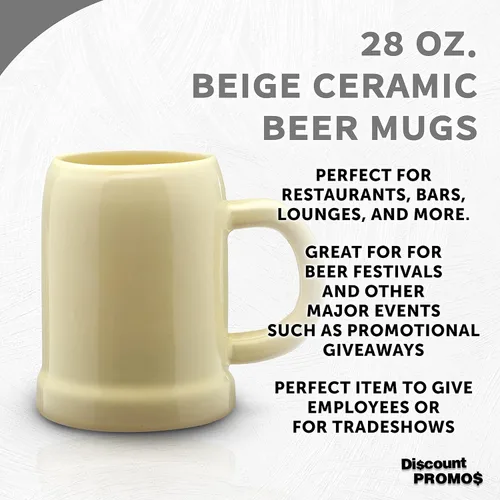 Miniatura 3 de DISCOUNT PROMOS Taza de cerámica para cerveza, 28 onzas, juego de 6, paquete a granel, ideal para Octoberfest, pub, restaurante y más, color beige
