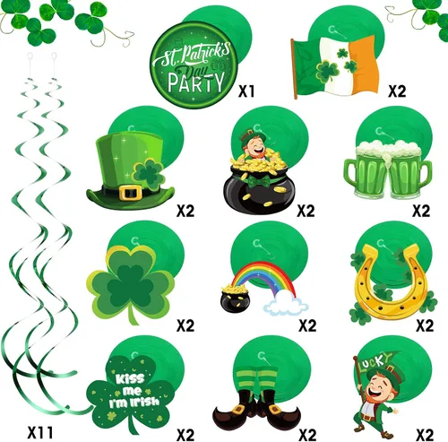 Miniatura 2 de 30 piezas de decoración colgante del día de San Patricio, trébol irlandés de la suerte, trébol, duende, herradura, letrero de papel de aluminio