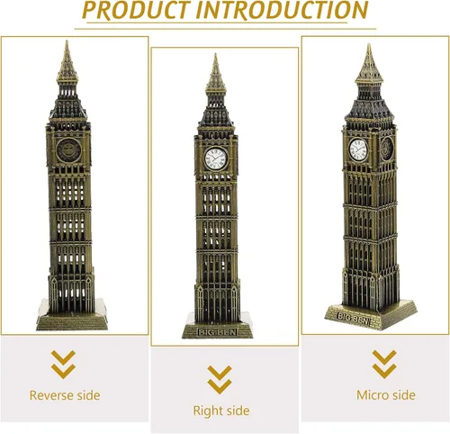 Miniatura 5 de Beavorty Big Ben Modelo Londres - Adorno de construcción de 7.08 pulgadas, escultura arquitectónica de metal para el hogar, boda, reunión familiar