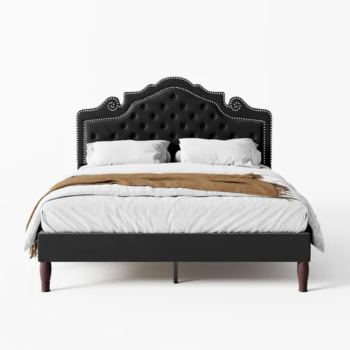Miniatura 7 de WEEWAY Base de cama de plataforma de tamaño matrimonial con tiara ajustable de terciopelo, cabecero curvado y alta resistencia, botón tapizado